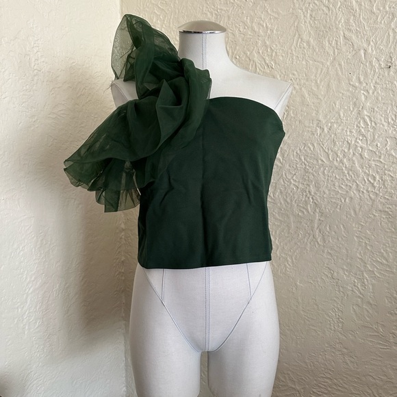 Anthropologie Sunday in Brooklyn Forest Green Asymmetrical Tulle Ruffle Top M - Picture 6 of 13